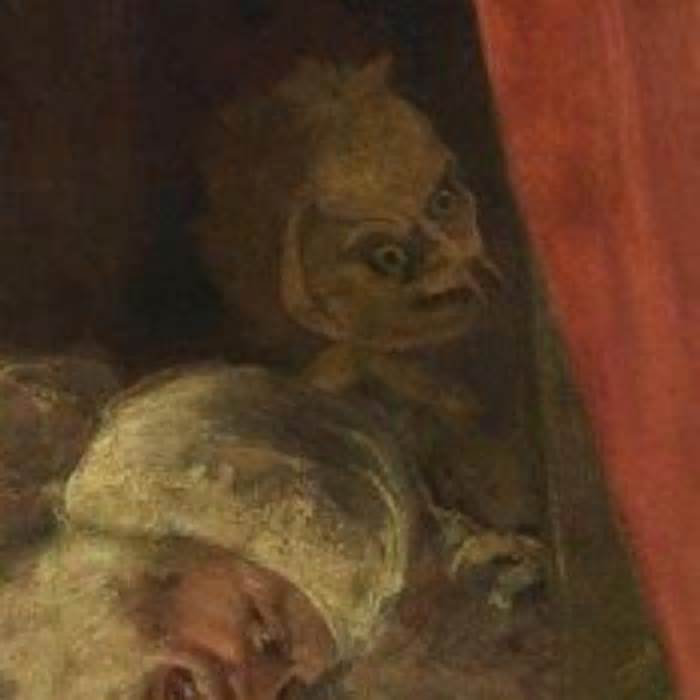 An up-close shot of the fiend, lurking above the cardinal's death bed.