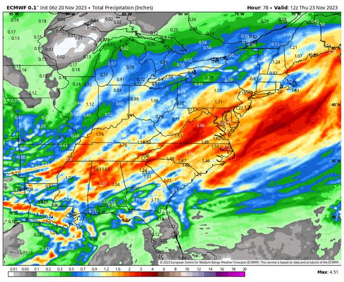 Rainfall forecast through Thanksgiving morning from the European weather model. (weatherbell.com)