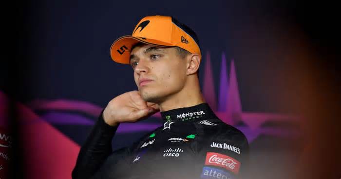 Lando Norris looking very serious in the press conference.
