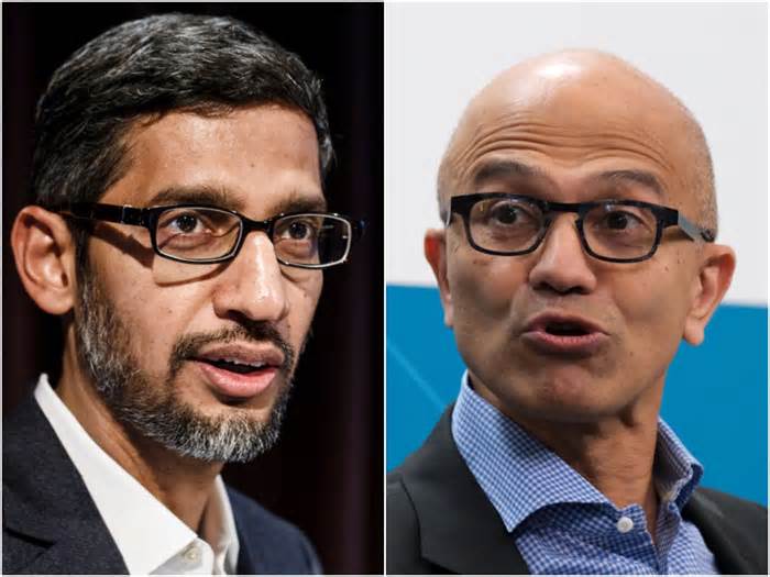 Google CEO Sundar Pichai (left) and Microsoft CEO Satya Nadella (right)