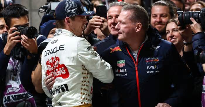 Red Bull’s Max Verstappen greets father Jos in the Las Vegas Grand Prix pitlane.