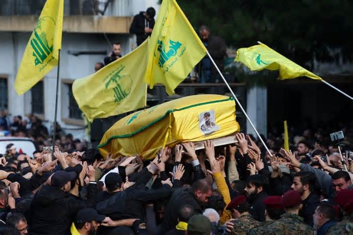 Funeral of Wissam Tawil, a commander of Hezbollah’s elite Radwan forces, in Khirbet Selm