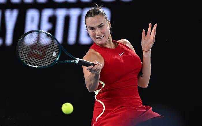 Aryna Sabalenka in action during her Quarter Final match at the Australian Open grand slam tennis tournament at Melbourne Park in Melbourne, Australia on January 23, 2024
