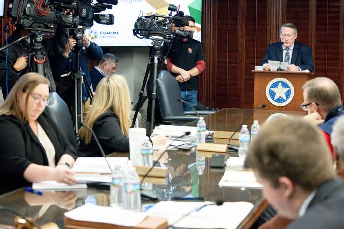 Rick Cobb, superintendent of Mid-Del Public Schools, speaks during a school board meeting at the Oklahoma Capitol in Oklahoma City, on Thursday, Jan. 25, 2024.