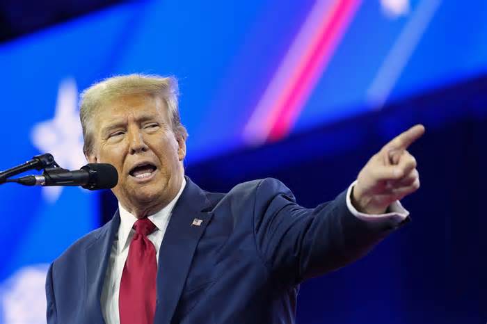 Republican presidential candidate former President Donald Trump speaks at the Conservative Political Action Conference, CPAC 2024, at National Harbor, in Oxon Hill, Md., Saturday, Feb. 24, 2024. (AP Photo/Alex Brandon)