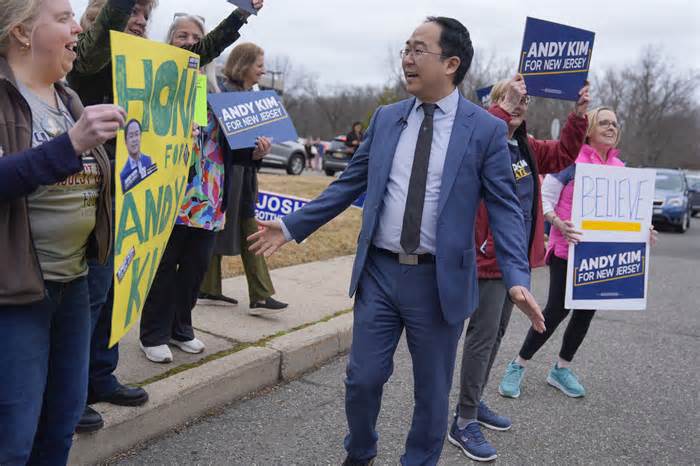 Rep. Andy Kim greets supporters on March 4 outside the Bergen County Democratic convention in Paramus, N.J., as he campaigns for Senate.