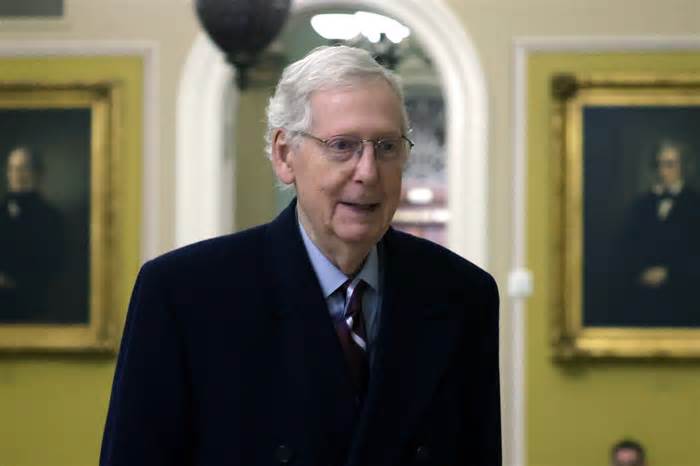 Mitch McConnell arrives at the U.S. Capitol on Feb. 12, 2024, in Washington, D.C..