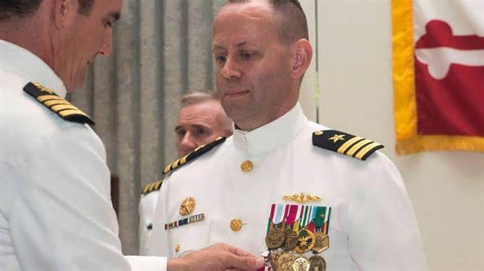 Then-Cmdr. Geoffry Patterson during a change of command ceremony for the USS Maryland. (Mass Communication Specialist 2nd Class Bradley J. Gee/U.S. Navy)