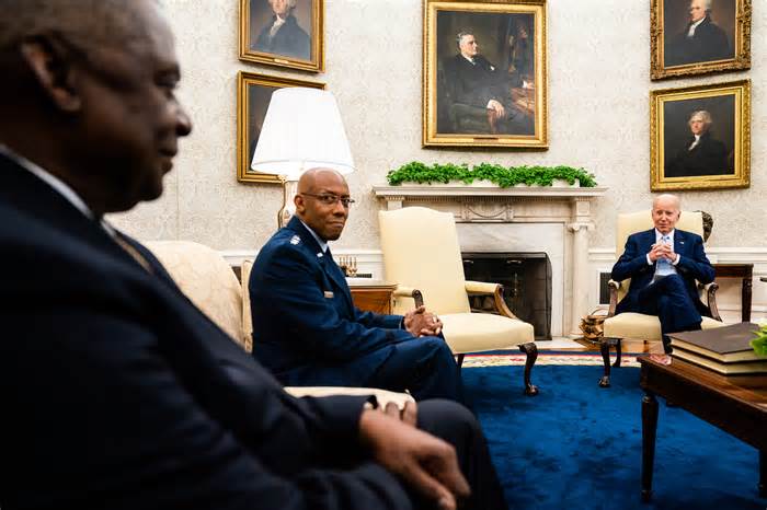 President Biden meets with Austin and Gen. Charles Q. Brown Jr., chairman of the Joint Chiefs of Staff, at the White House in October.