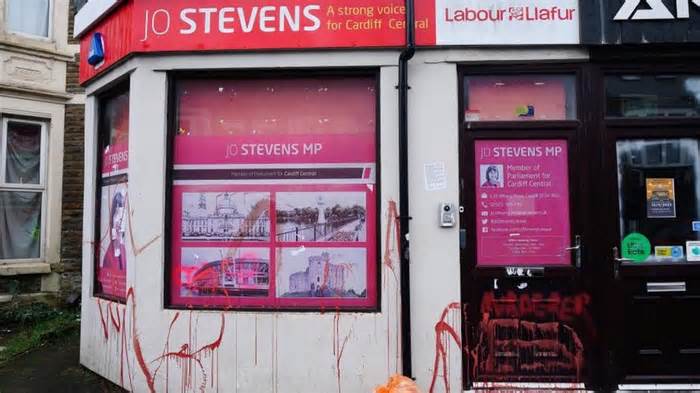 Jo Stevens's constituency office was covered in red paint and banners on Thursday night