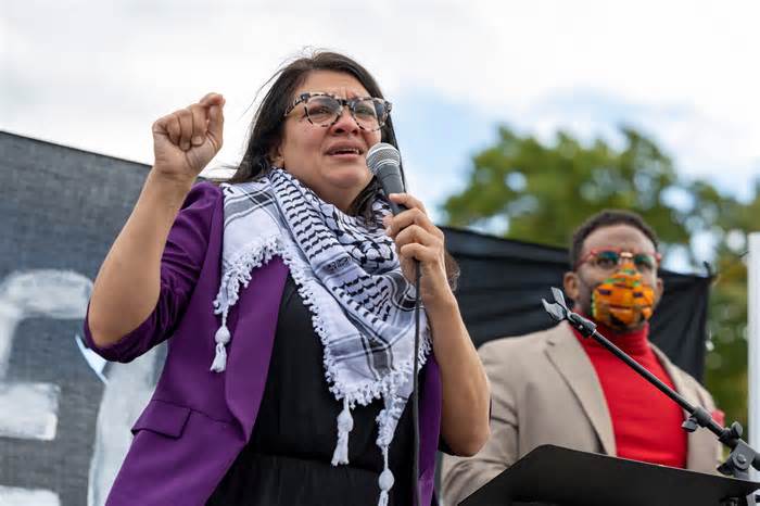 Rep. Rashida Tlaib, D-Mich., speaks during a demonstration calling for a ceasefire in Gaza, Oct. 18, 2023, near the Capitol in Washington. On Monday, Nov. 6, Tlaib responded to criticisms from fellow Democrats regarding a video she posted Friday, Nov. 3, that included a clip of demonstrators chanting “from the river to the sea.” Tlaib said in her response that her “colleagues” are trying to silence her and are “distorting her words.”