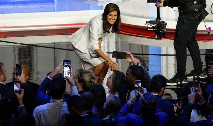 Former South Carolina Gov. Nikki Haley greets audience members after the conclusion of the Republican National Committee presidential primary debate hosted by NBC News at Adrienne Arsht Center for the Performing Arts of Miami-Dade County on Nov 8, 2023.