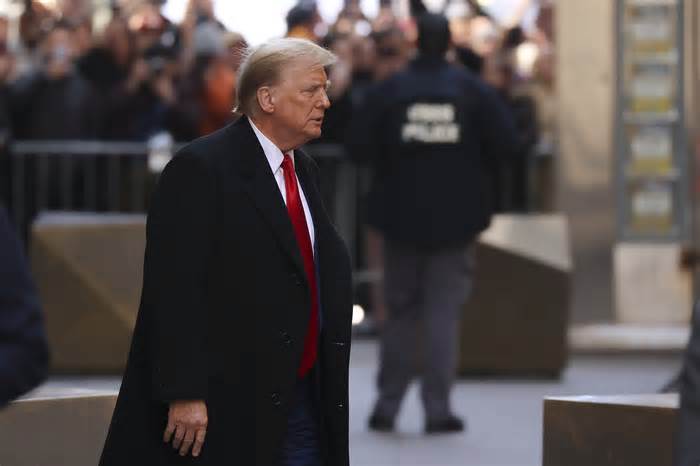 Former President Donald Trump departs 40 Wall Street after a news conference on March 25, 2024, in New York. A New York judge has scheduled an April 15 trial date in Trump's hush money case.