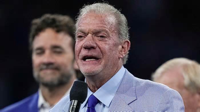 Indianapolis Colts owner and CEO Jim Irsay speaks during a ceremony honoring former player Tarik Glenn during halftime of the game between the Washington Commanders and the Indianapolis Colts at Lucas Oil Stadium on October 30, 2022 in Indianapolis, Indiana.
