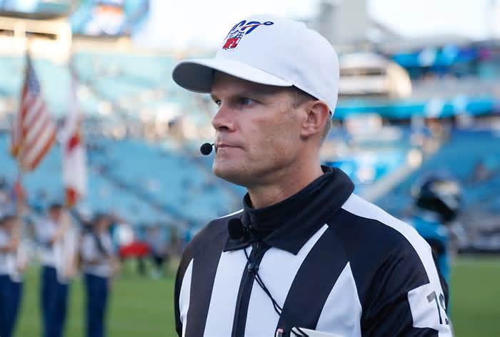 Aug 29, 2019; Jacksonville, FL, USA; NFL umpire Clay Martin (19) walks on the field during the second quarter of the game between the Jacksonville Jaguars and the Atlanta Falcons at TIAA Bank Field. Mandatory Credit: Reinhold Matay-USA TODAY Sports