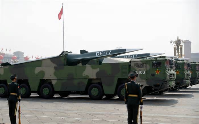 DF-17 ballistic missiles mounting supposedly hypersonic DF-ZF glide warheads take part in a parade in Beijing. China is thought to be close to fielding the DF-27 hypersonic 'carrier killer'