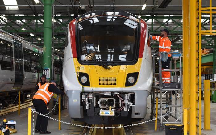 An Aventra locomotive unit is prepared for despatch to train operator Greater Anglia at the Alstom factory in Litchurch Lane, Derby