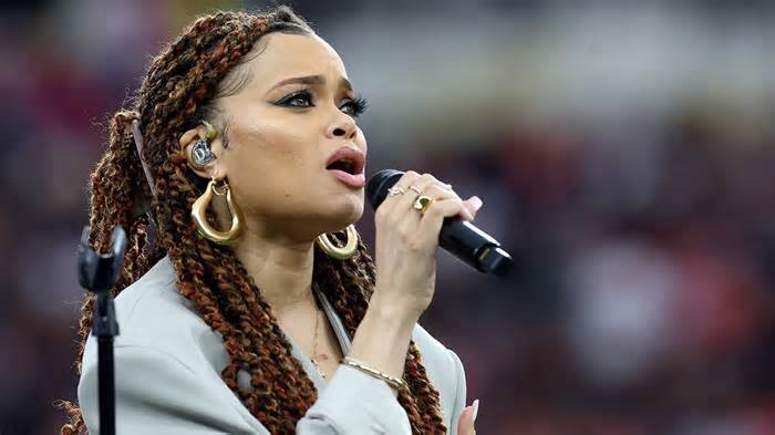 Andra Day performs prior to Super Bowl LVIII between the San Francisco 49ers and Kansas City Chiefs at Allegiant Stadium on February 11, 2024 in Las Vegas, Nevada.