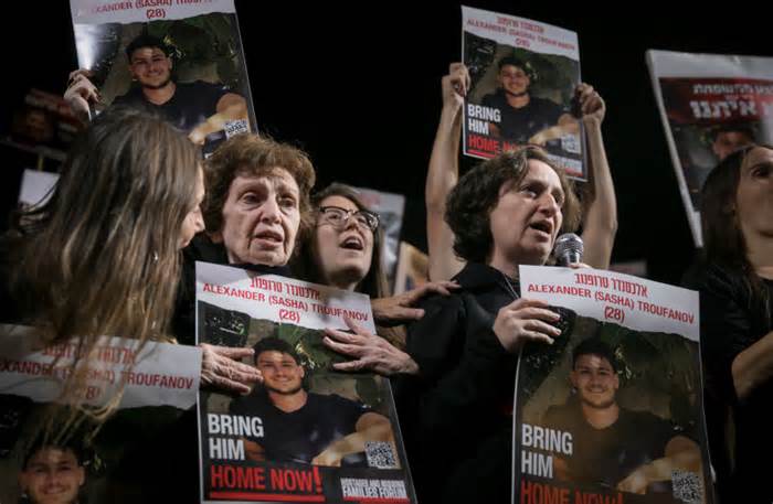 Elena Trupanov and her mother Irina Teti who were released from Hamas captivity attend a rally calling for the release of Israelis held kidnapped by Hamas terrorists in Gaza at 