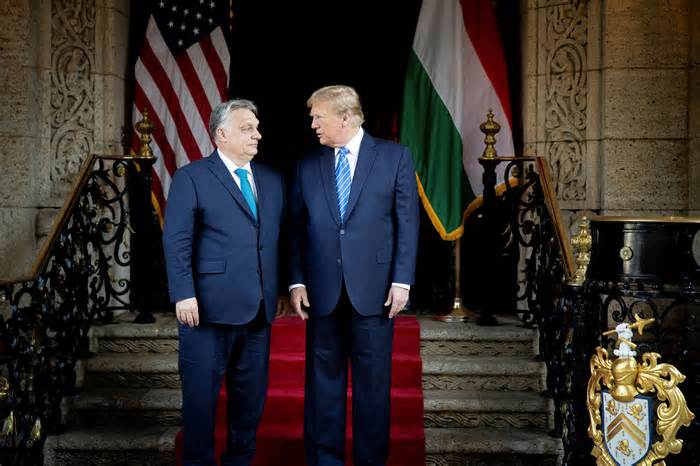 Hungarian Prime Minister Viktor Orban with former president Donald Trump at Mar-a-Lago in Palm Beach, Fla., on Friday.