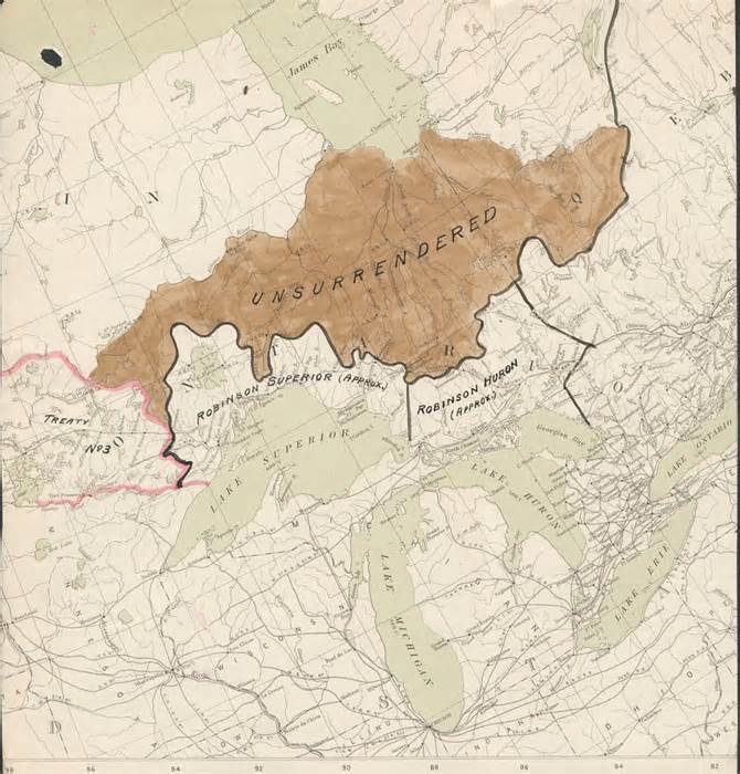 The areas Anishinaabe groups ceded to the Crown under the Robinson treaties in the summer of 1850.