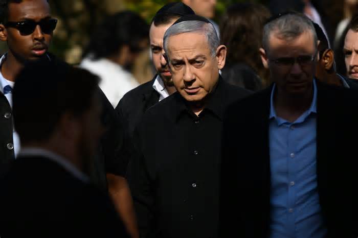 On Dec. 8, 2023, Prime Minister Benjamin Netanyahu attends the funeral of a 25-year-old Israeli soldier who was killed in Gaza.