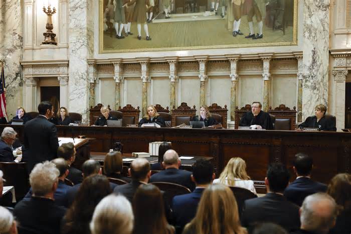The Wisconsin Supreme Court listens to arguments during a redistricting hearing at the state Capitol on Nov. 21, 2023, in Madison. / Credit: Ruthie Hauge/The Capital Times via AP