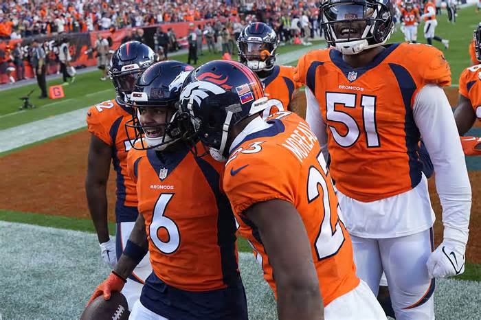 Denver Broncos safety P.J. Locke (6) is congratulated by teammates after intercepting a pass against the Green Bay Packers during the second half of an NFL football game in Denver, Sunday, Oct. 22, 2023. (AP Photo/Jack Dempsey)