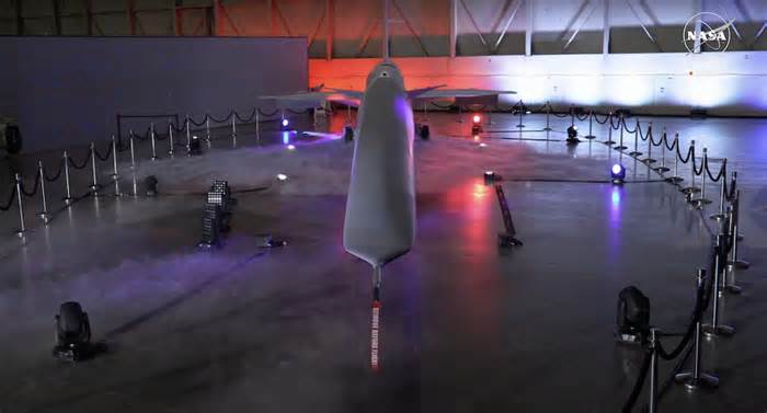The first reveal of NASA's X-59 supersonic plane onstage at the Lockheed Martin Skunk Works facility in Palmdale, California.