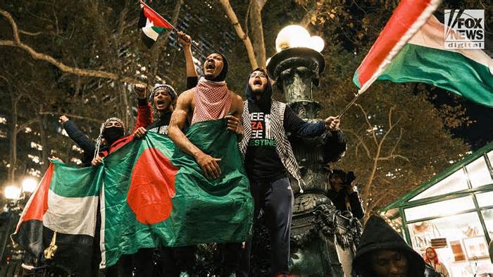 Over a thousand pro Palestinian protesters marched from Columbus Circle around midtown Manhattan, ending up at Grand Central, Friday, November 10, 2023. Though largely peaceful, the event ended with multiple arrests after a protester broke an American and a UN flag on a lamppost.