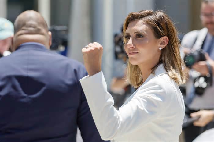 Jun 13, 2023; Miami, FL, USA; Trump attorney Alina Habba reacts after talking to reporters outside the Wilkie D. Ferguson Jr. U.S. Courthouse where former President Donald Trump is set to appear to be arraigned as he faces 37 criminal charges.