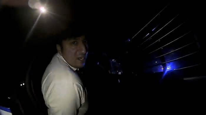 Body camera video captured North Dakota Republican lawmaker Nico Rios using profanity and homophobic slurs toward Williston police officers and threatening to call the state’s attorney general during a DUI stop on Dec. 5, 2023, in Williston, N.D. Rios said he was leaving a Christmas party before the traffic stop. (Williston Police Dept. via AP)