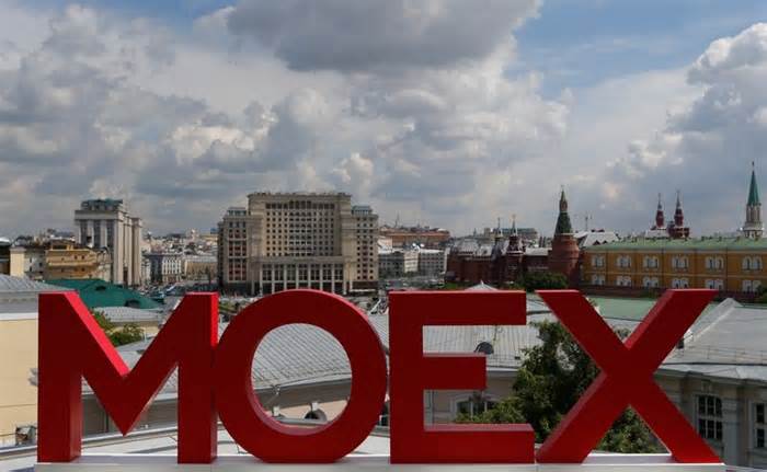 FILE PHOTO: The letters MOEX are pictured at the Moscow Exchange in Moscow