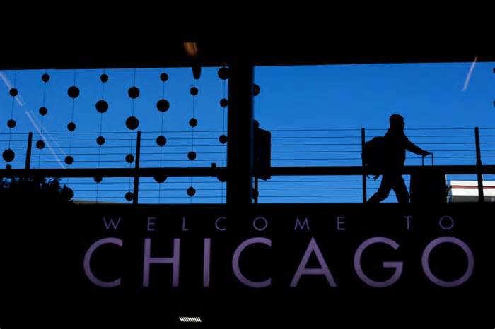 A sign at the Chicago O’Hare International Airport that reads, “Welcome to Chicago.”