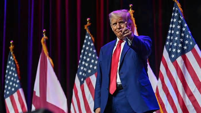 Former President Donald Trump gestures on stage during the Alabama Republican Party’s 2023 Summer meeting at the Renaissance Montgomery Hotel on August 4, 2023 in Montgomery, Alabama.