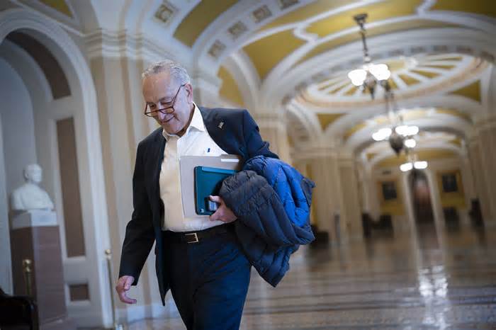 Senate Majority Leader Chuck Schumer, D-N.Y., arrives at the Capitol on Feb. 11, 2024.