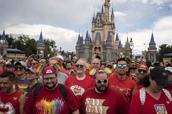 People celebrate the Gay Days at Disney World on June 3 in Lake Buena Vista, Fla.