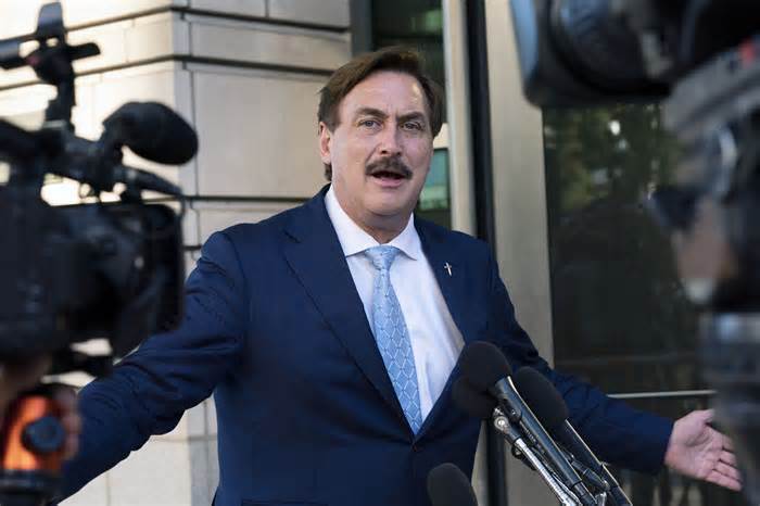 FILE - MyPillow chief executive Mike Lindell, speaks to reporters outside federal court in Washington, June 24, 2021. MyPillow chief executive and prominent election denier Mike Lindell said Friday, Jan. 12, 2024 that Fox News has stopped running his company's commercials, disputing the network's assertion that it's simply because he hasn't paid his bills. (AP Photo/Manuel Balce Ceneta, File)