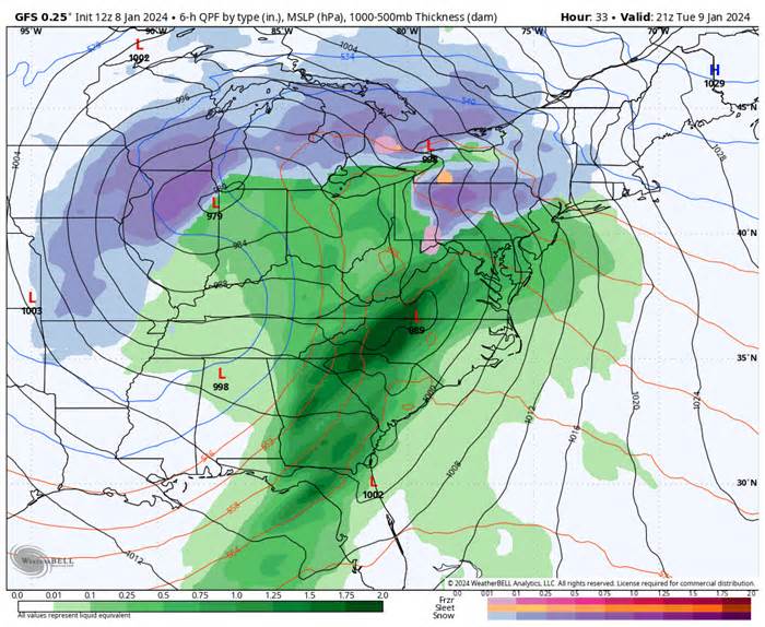 American model simulation of the storm at 4 p.m. Tuesday. (WeatherBell)