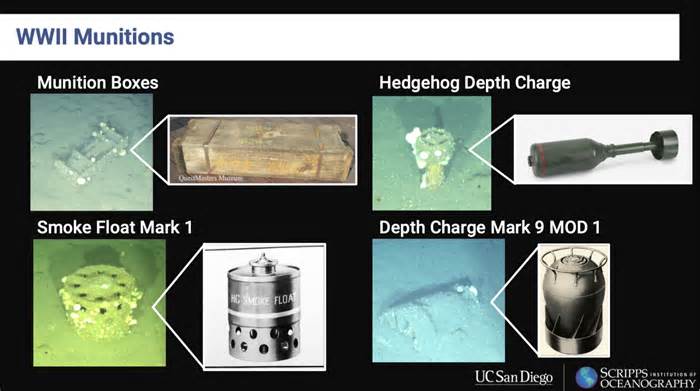 Images of munition boxes, smoke floats, and two types of WWII-era depth charges that Scripps researchers found underwater.