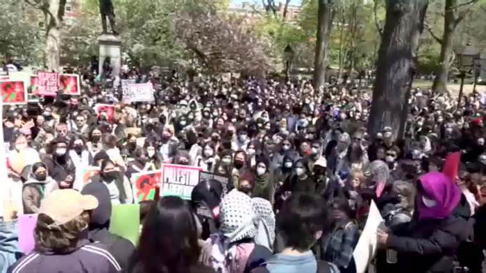 Hundreds of students rally in Washington Square Park along with faculty in response to the mass arrests at NYU.