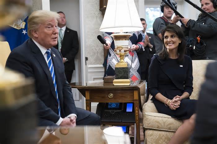 President Donald Trump, seen here with his then-U.N. Ambassador Nikki Haley in October 2017, made a telling threat on social media on Wednesday.