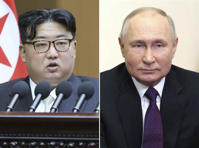FILE - This combination of photos shows North Korean leader Kim Jong Un, left, speaks at the Supreme People's Assembly in Pyongyang, North Korea, on Jan. 15, 2024 and Russian President Vladimir Putin delivers a video address to mark the 31st anniversary of the founding of the National Energy Giant Gazprom at the Novo-Ogaryovo state residence, outside Moscow, Russia, on Feb. 17, 2024. Putin has gifted Kim a Russian-made car for his personal use in a demonstration of their special relations, North Korea’s state media reported Tuesday, Feb. 20, 2024. (AP Photo, File)