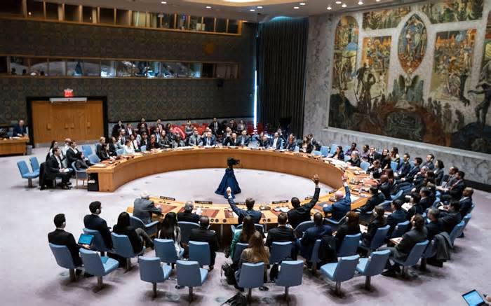 Members of the United Nations Security Council vote on a US-proposed draft resolution, which calls for a temporary ceasefire in Gaza, at United Nations headquarters in New York