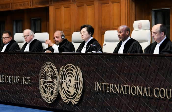 Judges are seen at the International Court of Justice before the issue of a verdict in the case of Indian national Kulbhushan Jadhav who was sentenced to death by Pakistan in 2017, in The Hague, Netherlands July 17, 2019