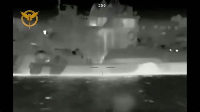 Ukraine Defence Intelligence released grainy, grayscale video showing what it claims is the moment of its srikes on Russian navy vessels in the Black sea. - Ukrainian Ministry of Defense