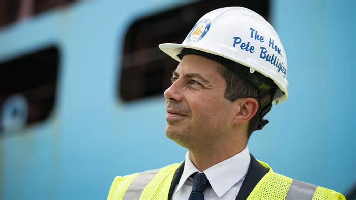 Pete Buttigieg, U.S. secretary of transportation, during a tour of the Seagirt marine terminal at the Port of Baltimore, Maryland, U.S., on Thursday, July 29, 2021. A bipartisan group of senators and the White House reached a tentative agreement on a $550 billion infrastructure package, a significant breakthrough in the drive to muscle through Congress a massive infusion of spending for roads, bridges and other critical projects. Photographer: Al Drago/Bloomberg via Getty Images