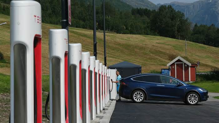 A Tesla charging station in Skei, Norway. The country has the world’s highest rate of electric car adoption.