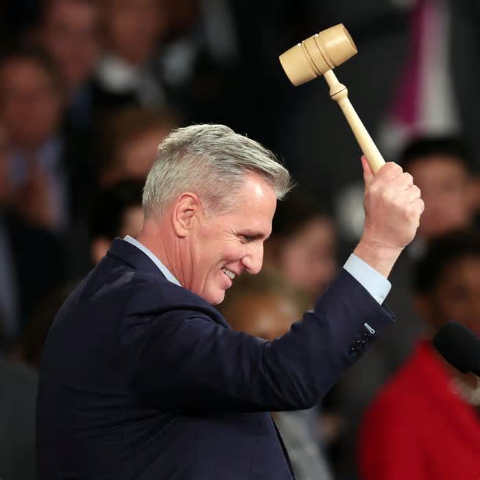Kevin McCarthy celebrates with the gavel after being elected as House speaker on Jan. 7, 2023, in Washington, D.C. After four days of voting and 15 ballots McCarthy secured enough votes to become speaker for the 118th Congress. He was ousted months later.