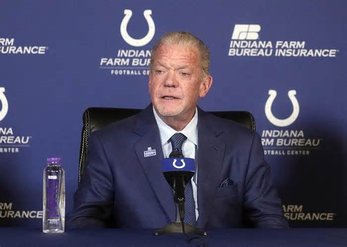 FILE -Indianapolis Colts owner Jim Irsay speaks during a news conference at the NFL football team's practice facility Monday, Nov. 7, 2022, in Indianapolis. Irsay is being treated for a severe respiratory illness and will be unable to perform with his band later this week, team officials said Tuesday, Jan. 9, 2024. (AP Photo/Darron Cummings, File)